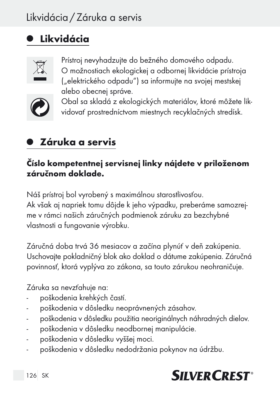 Likvidácia / záruka a servis, Likvidácia, Záruka a servis | Silvercrest SUR 46 A1 User Manual | Page 126 / 149