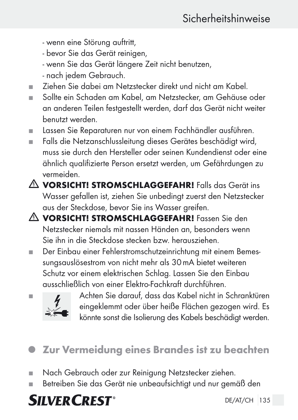 Sicherheitshinweise, Zur vermeidung eines brandes ist zu beachten | Silvercrest SUR 46 A1 User Manual | Page 135 / 149