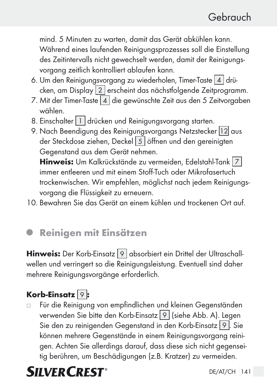 Gebrauch, Reinigen mit einsätzen | Silvercrest SUR 46 A1 User Manual | Page 141 / 149