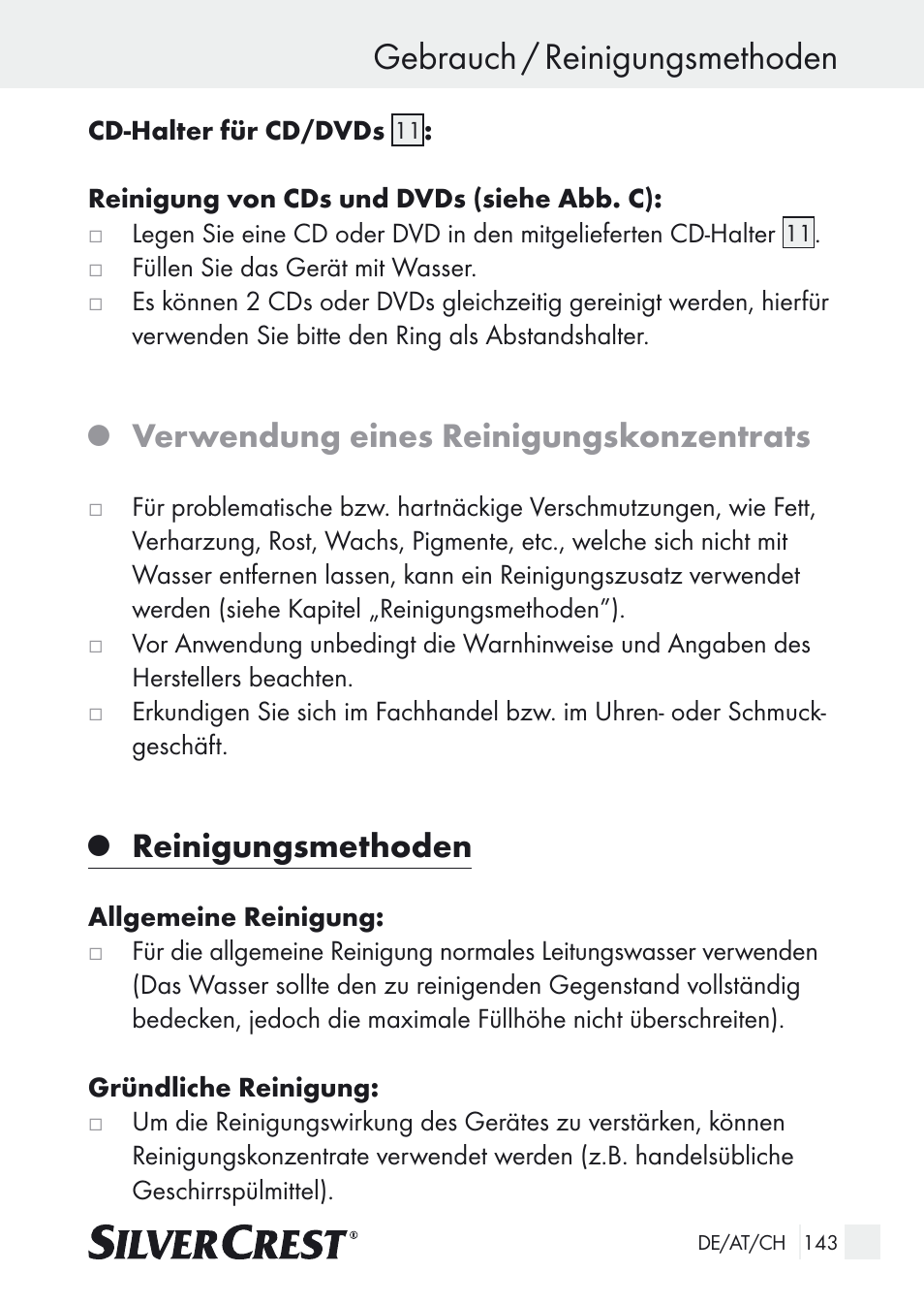 Gebrauch / reinigungsmethoden, Verwendung eines reinigungskonzentrats, Reinigungsmethoden | Silvercrest SUR 46 A1 User Manual | Page 143 / 149