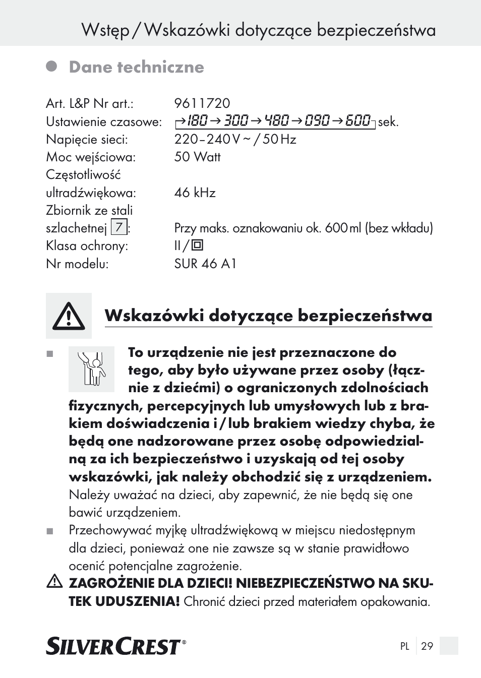 Wstęp / wskazówki dotyczące bezpieczeństwa, Dane techniczne, Wskazówki dotyczące bezpieczeństwa | Silvercrest SUR 46 A1 User Manual | Page 29 / 149