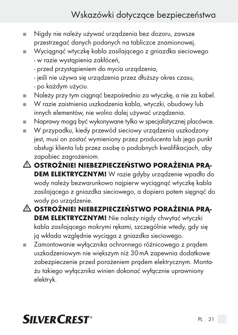 Wskazówki dotyczące bezpieczeństwa | Silvercrest SUR 46 A1 User Manual | Page 31 / 149