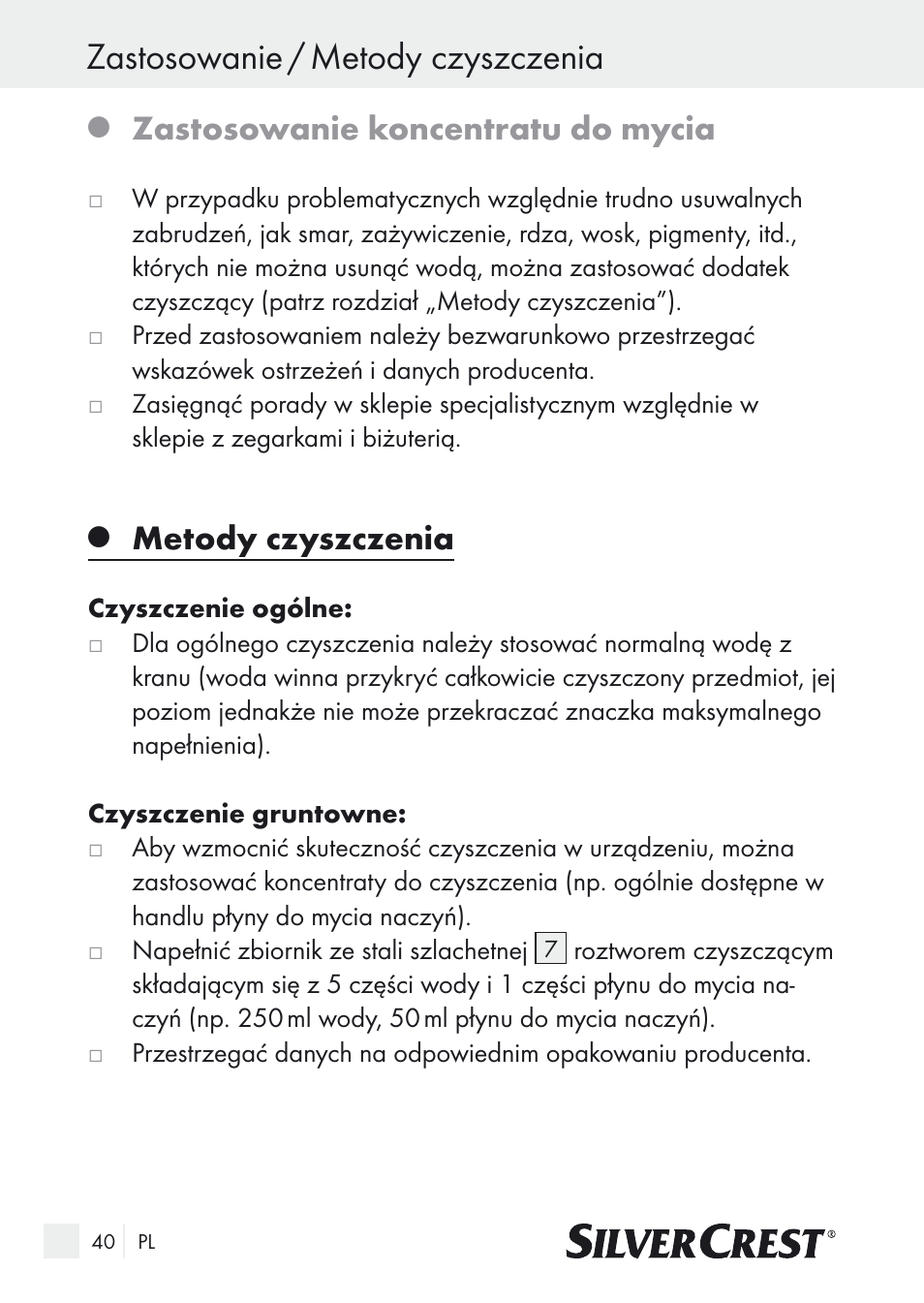 Zastosowanie / metody czyszczenia, Zastosowanie koncentratu do mycia, Metody czyszczenia | Silvercrest SUR 46 A1 User Manual | Page 40 / 149