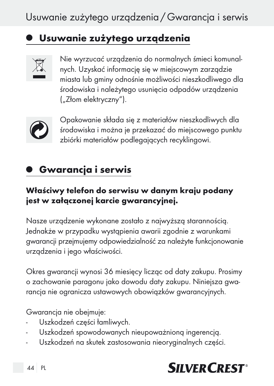 Usuwanie zużytego urządzenia / gwarancja i serwis, Usuwanie zużytego urządzenia, Gwarancja i serwis | Silvercrest SUR 46 A1 User Manual | Page 44 / 149