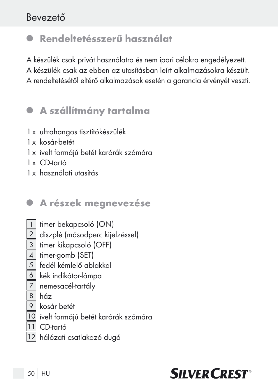 Bevezető / biztonsági tudnivalók bevezető, Rendeltetésszerű használat, A szállítmány tartalma | A részek megnevezése | Silvercrest SUR 46 A1 User Manual | Page 50 / 149