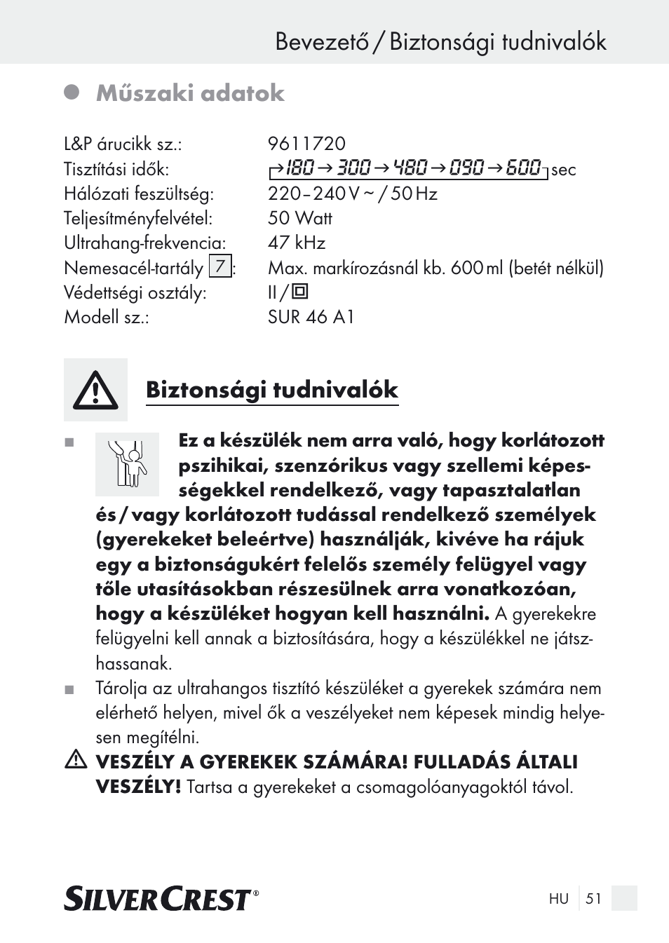 Bevezető / biztonsági tudnivalók, Műszaki adatok, Biztonsági tudnivalók | Silvercrest SUR 46 A1 User Manual | Page 51 / 149