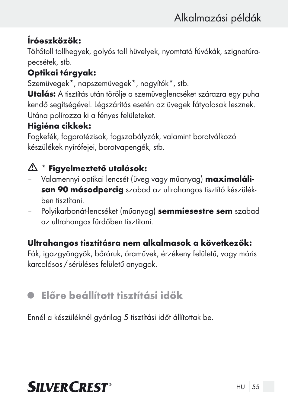 Alkalmazási példák, Előre beállított tisztítási idők | Silvercrest SUR 46 A1 User Manual | Page 55 / 149