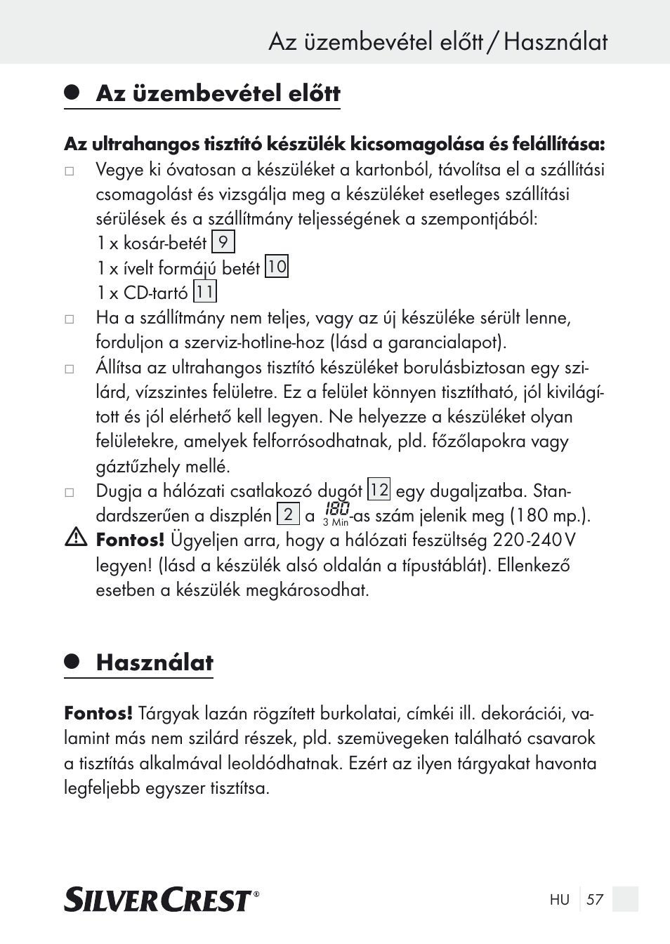 Az üzembevétel előtt / használat, Az üzembevétel előtt, Használat | Silvercrest SUR 46 A1 User Manual | Page 57 / 149