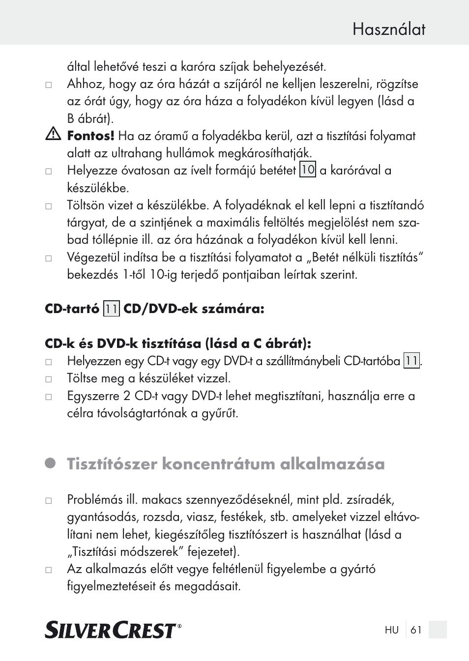 Használat, Tisztítószer koncentrátum alkalmazása | Silvercrest SUR 46 A1 User Manual | Page 61 / 149