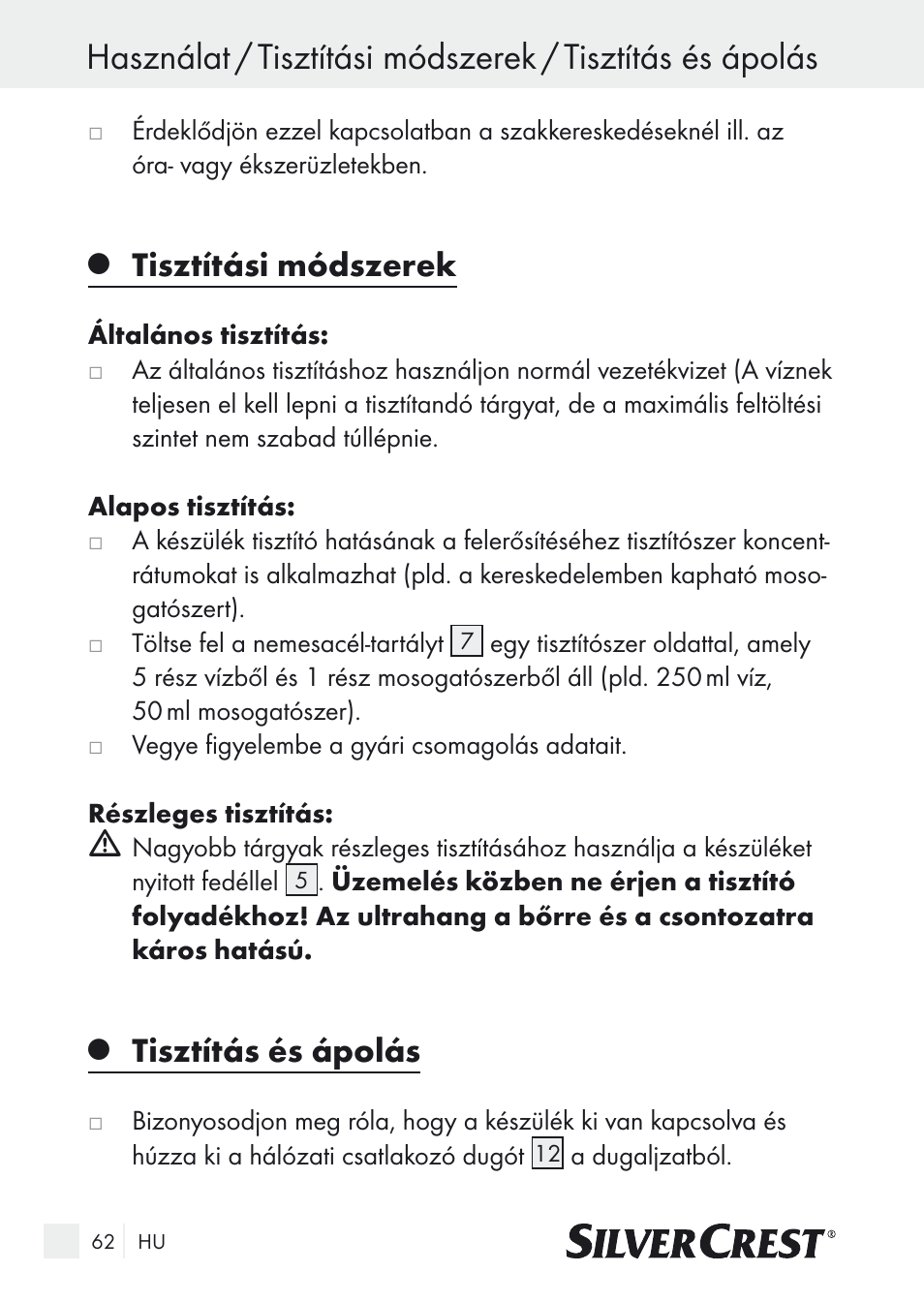 Tisztítási módszerek, Tisztítás és ápolás | Silvercrest SUR 46 A1 User Manual | Page 62 / 149