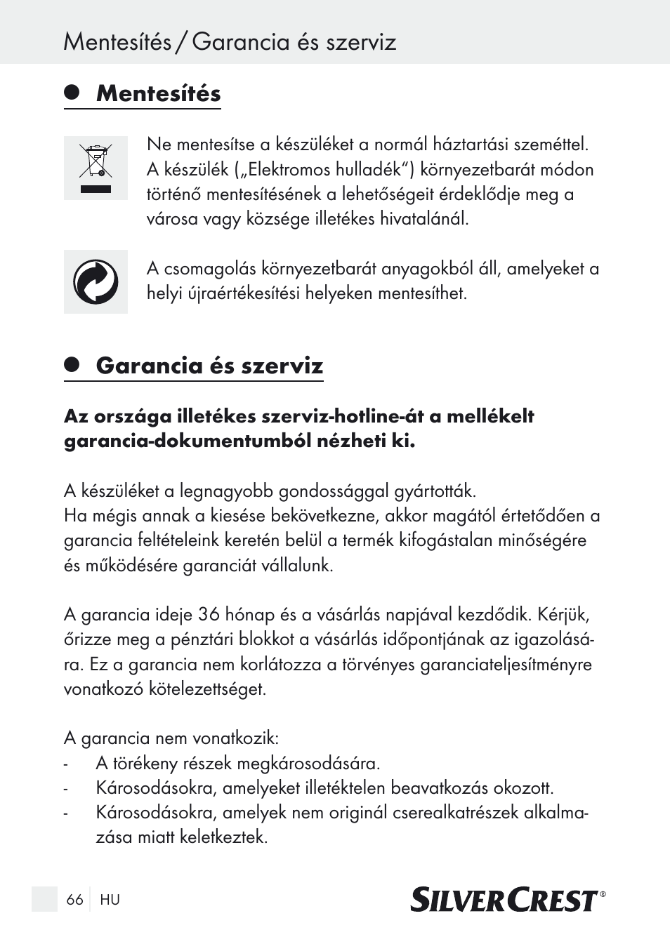Mentesítés / garancia és szerviz, Mentesítés, Garancia és szerviz | Silvercrest SUR 46 A1 User Manual | Page 66 / 149