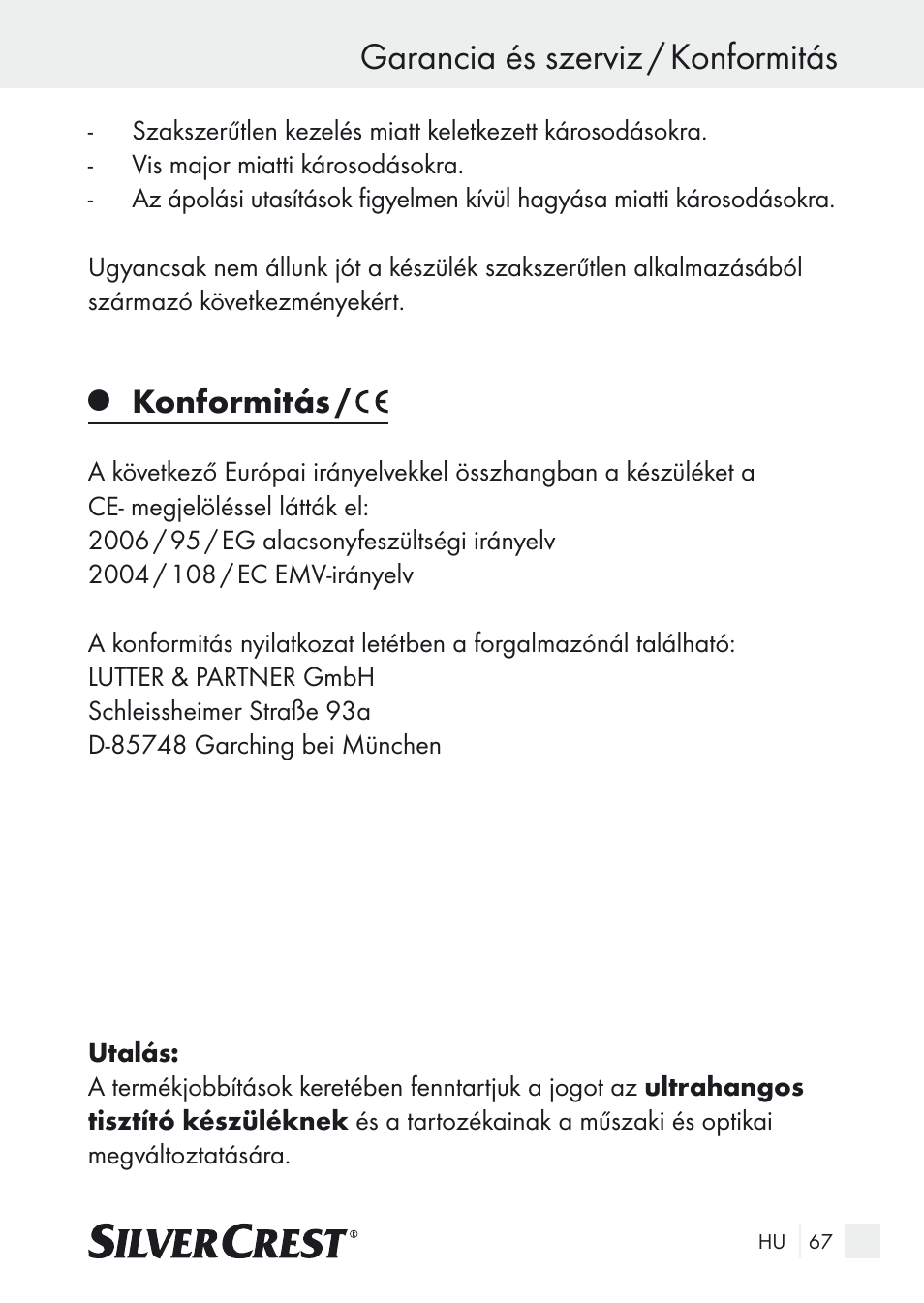 Garancia és szerviz / konformitás, Konformitás | Silvercrest SUR 46 A1 User Manual | Page 67 / 149