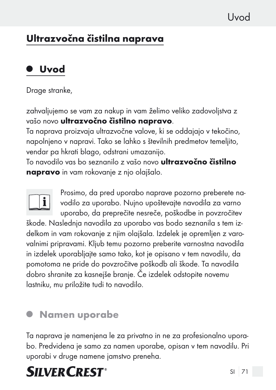 Uvod, Ultrazvočna čistilna naprava, Namen uporabe | Silvercrest SUR 46 A1 User Manual | Page 71 / 149