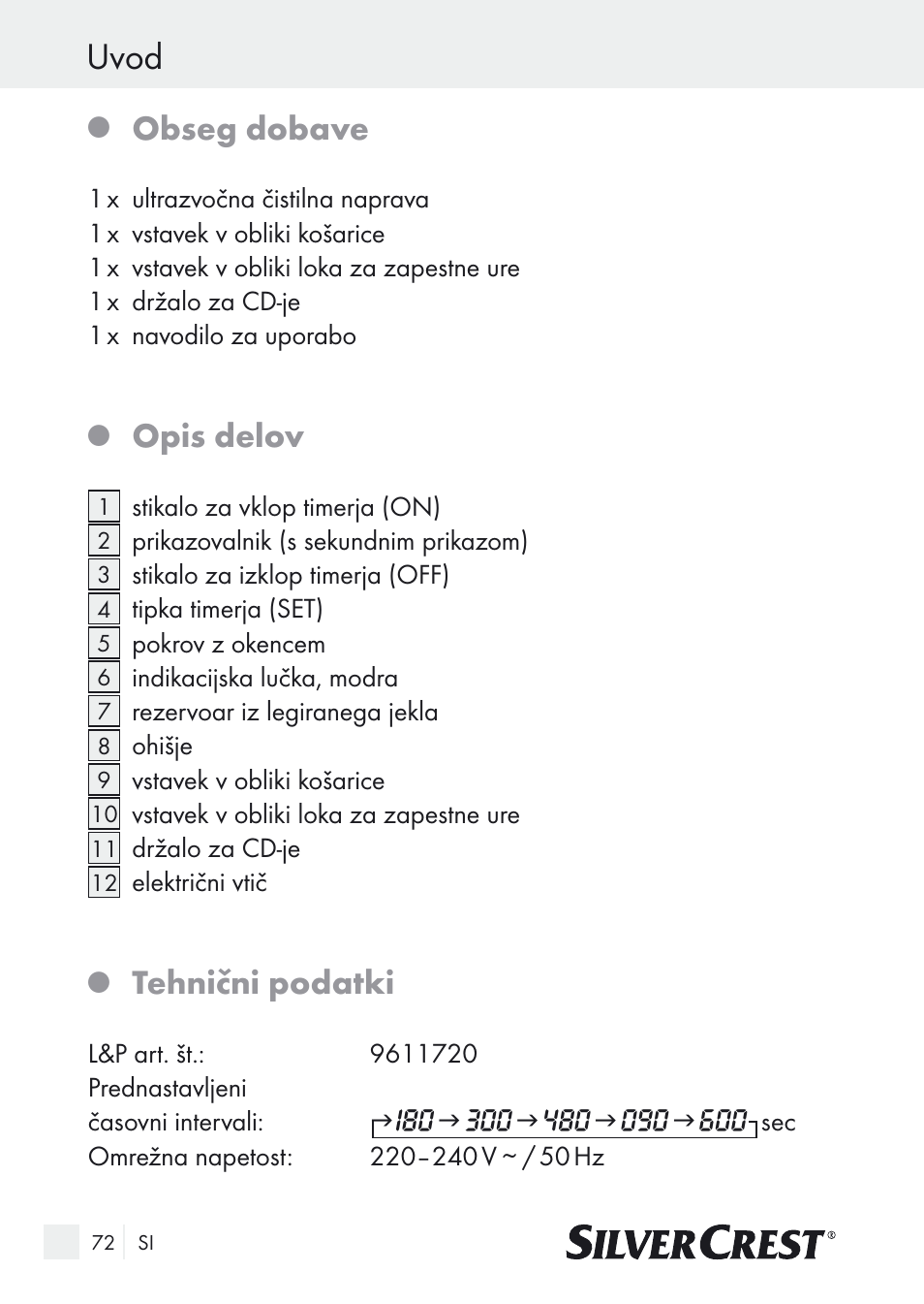Uvod, Obseg dobave, Opis delov | Tehnični podatki | Silvercrest SUR 46 A1 User Manual | Page 72 / 149