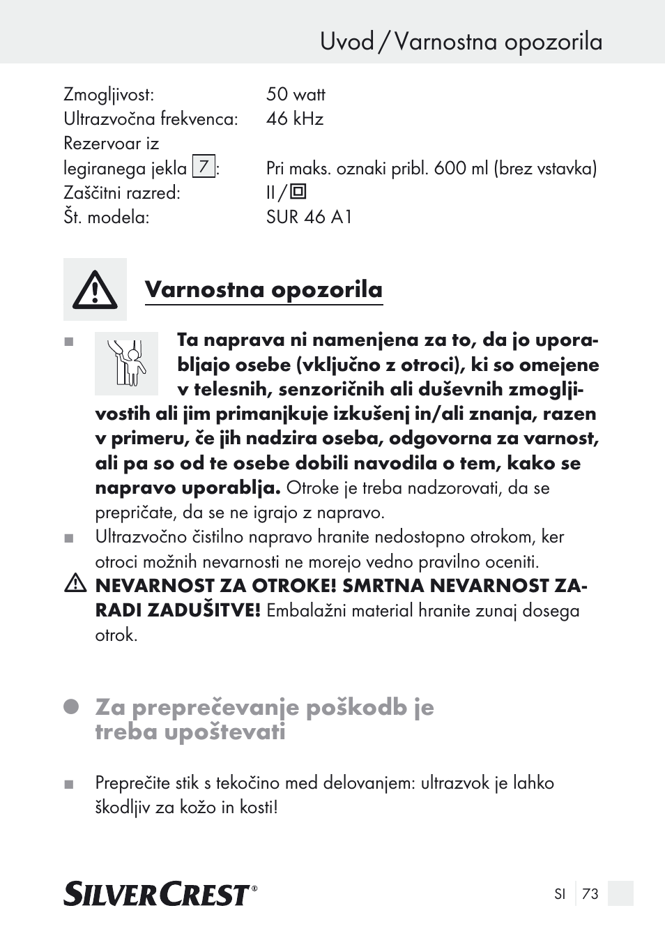 Uvod / varnostna opozorila, Varnostna opozorila, Za preprečevanje poškodb je treba upoštevati | Silvercrest SUR 46 A1 User Manual | Page 73 / 149