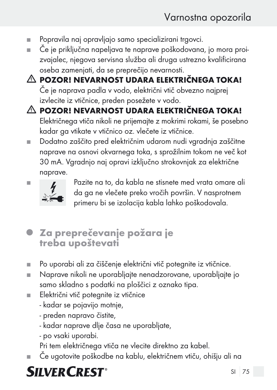 Varnostna opozorila, Za preprečevanje požara je treba upoštevati | Silvercrest SUR 46 A1 User Manual | Page 75 / 149