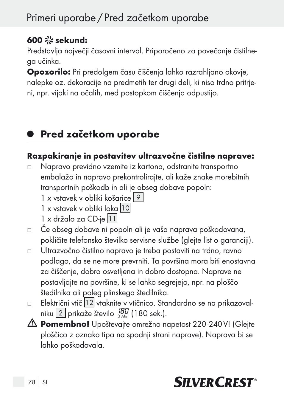 Primeri uporabe / pred začetkom uporabe, Pred začetkom uporabe | Silvercrest SUR 46 A1 User Manual | Page 78 / 149