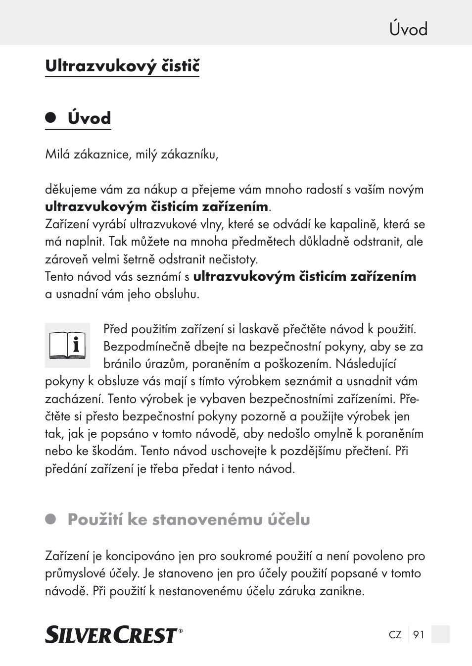 Úvod, Ultrazvukový čistič, Použití ke stanovenému účelu | Silvercrest SUR 46 A1 User Manual | Page 91 / 149