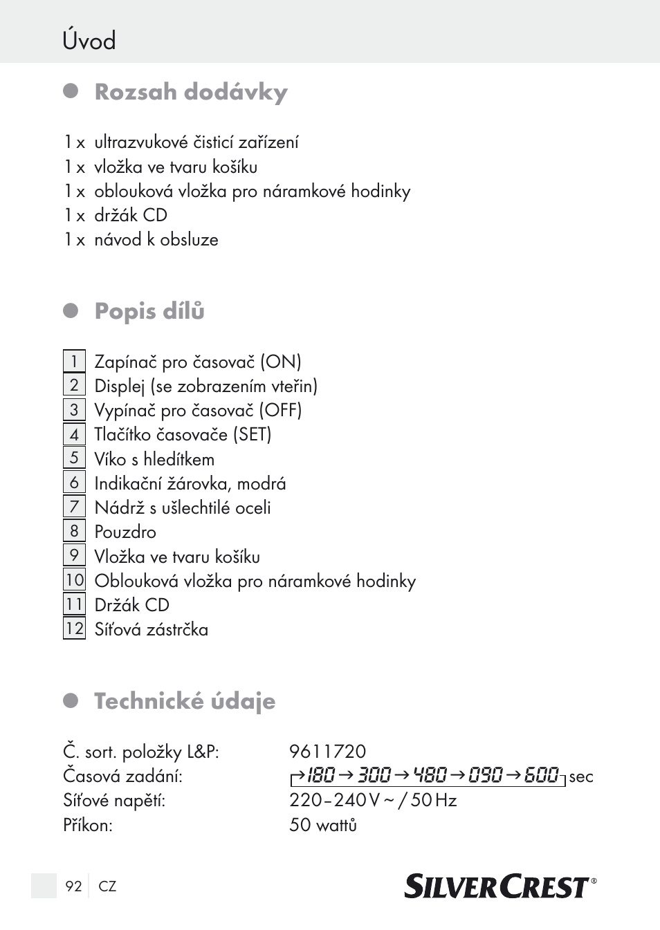 Úvod, Rozsah dodávky, Popis dílů | Technické údaje | Silvercrest SUR 46 A1 User Manual | Page 92 / 149