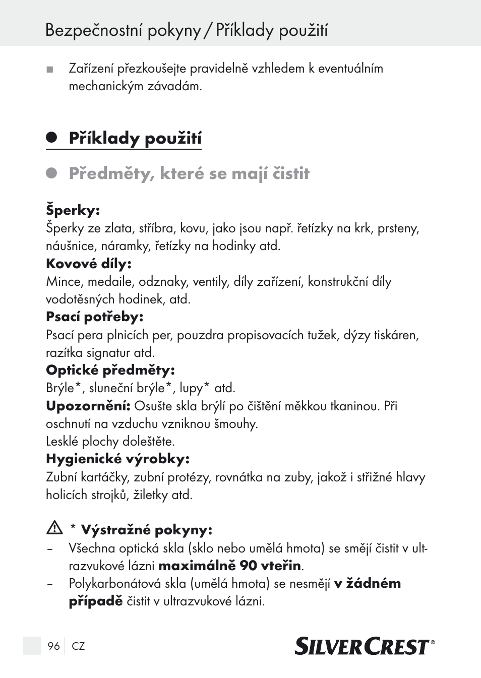 Bezpečnostní pokyny / příklady použití, Příklady použití, Předměty, které se mají čistit | Silvercrest SUR 46 A1 User Manual | Page 96 / 149