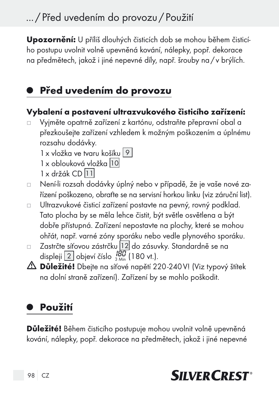 Před uvedením do provozu / použití, Před uvedením do provozu, Použití | Silvercrest SUR 46 A1 User Manual | Page 98 / 149