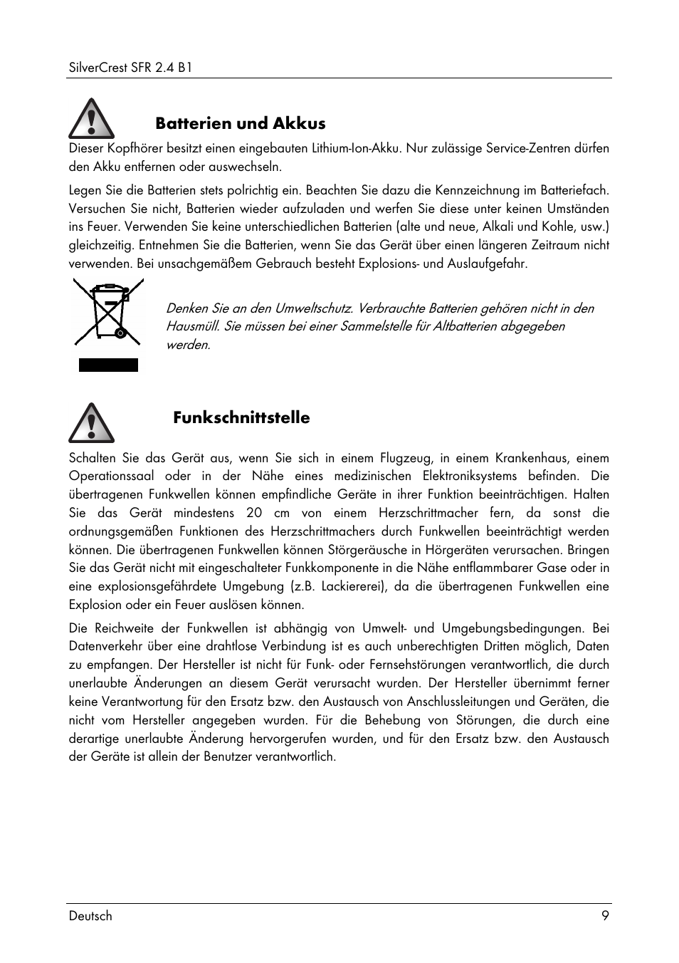 Batterien und akkus, Funkschnittstelle | Silvercrest SFR 2.4 B1 User Manual | Page 11 / 100