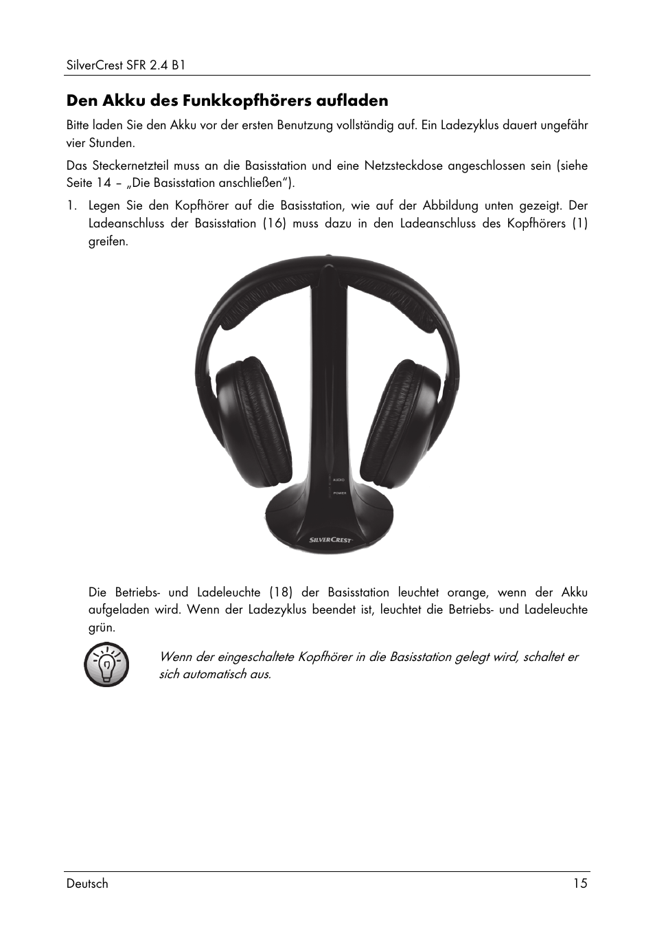 Den akku des funkkopfhörers aufladen | Silvercrest SFR 2.4 B1 User Manual | Page 17 / 100