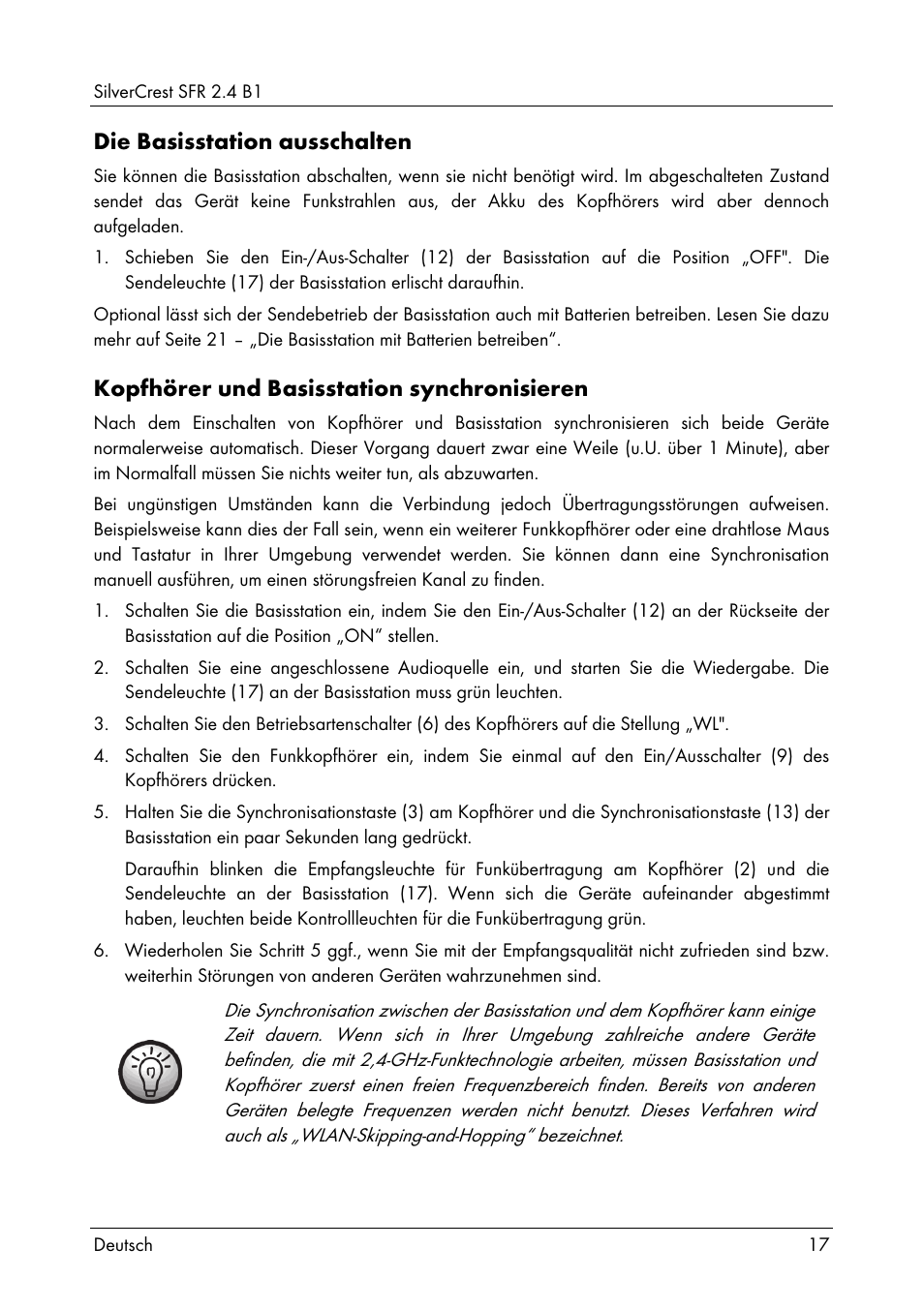 Die basisstation ausschalten, Kopfhörer und basisstation synchronisieren | Silvercrest SFR 2.4 B1 User Manual | Page 19 / 100