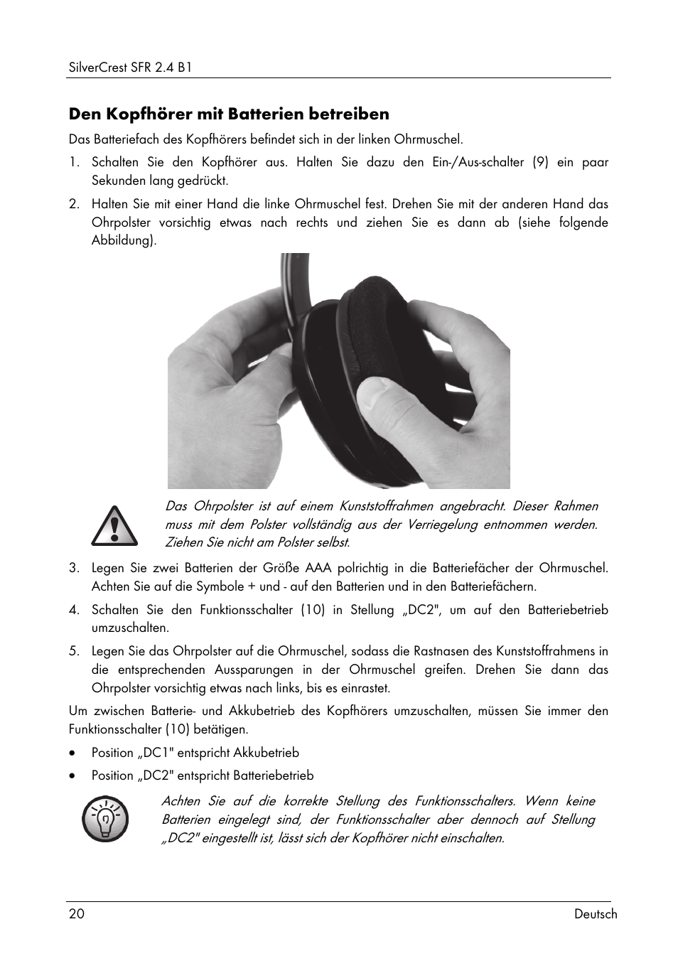 Den kopfhörer mit batterien betreiben | Silvercrest SFR 2.4 B1 User Manual | Page 22 / 100