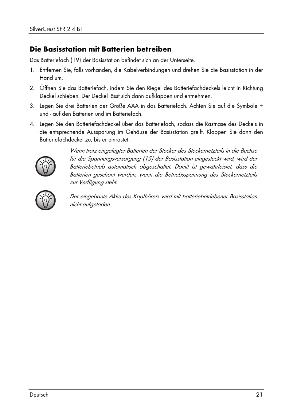 Die basisstation mit batterien betreiben | Silvercrest SFR 2.4 B1 User Manual | Page 23 / 100