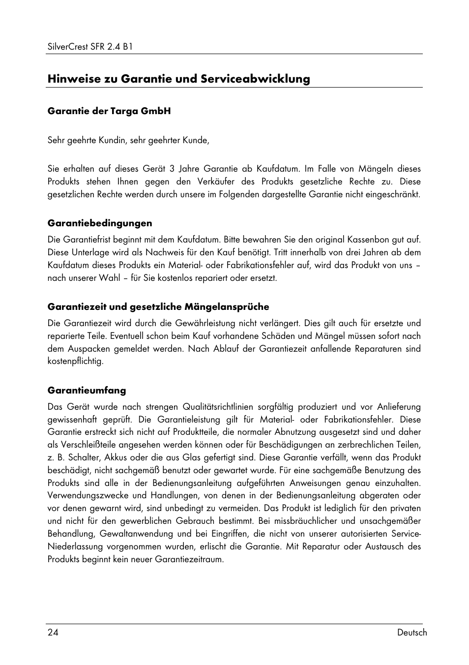 Hinweise zu garantie und serviceabwicklung | Silvercrest SFR 2.4 B1 User Manual | Page 26 / 100