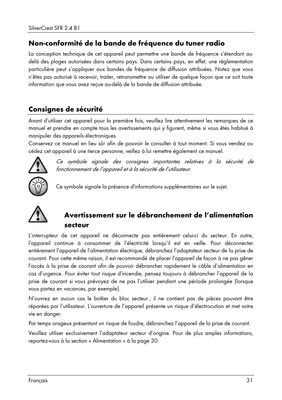 Consignes de sécurité | Silvercrest SFR 2.4 B1 User Manual | Page 33 / 100