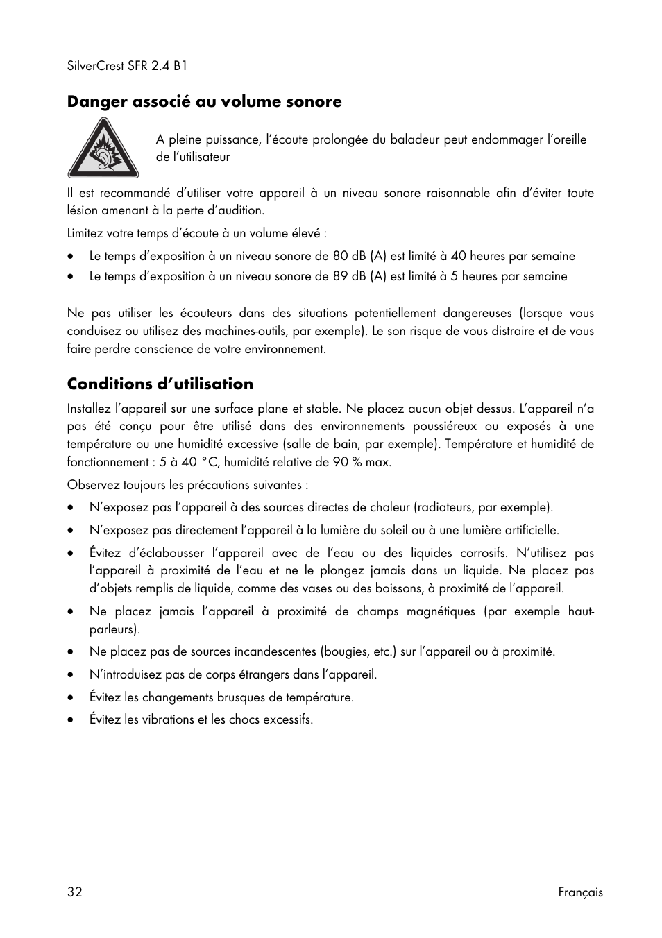 Danger associé au volume sonore, Conditions d’utilisation | Silvercrest SFR 2.4 B1 User Manual | Page 34 / 100