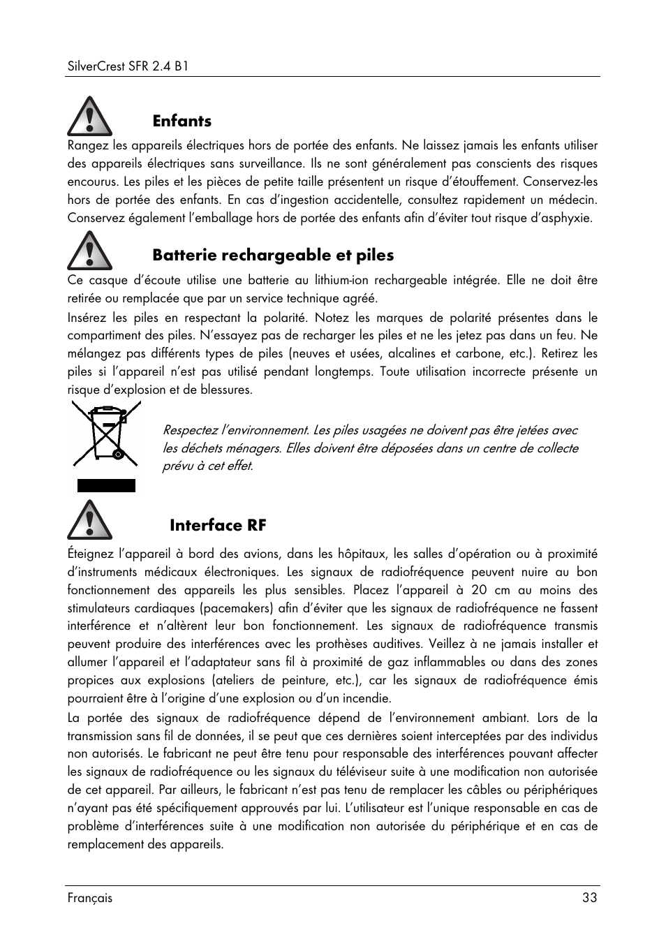 Enfants, Batterie rechargeable et piles, Interface rf | Silvercrest SFR 2.4 B1 User Manual | Page 35 / 100