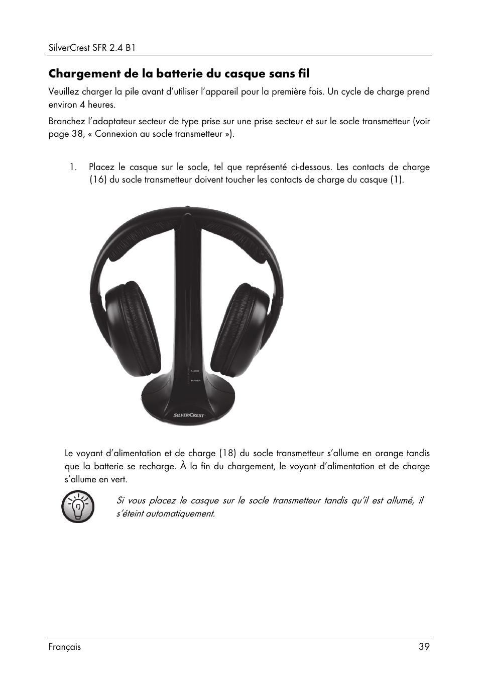 Chargement de la batterie du casque sans fil | Silvercrest SFR 2.4 B1 User Manual | Page 41 / 100