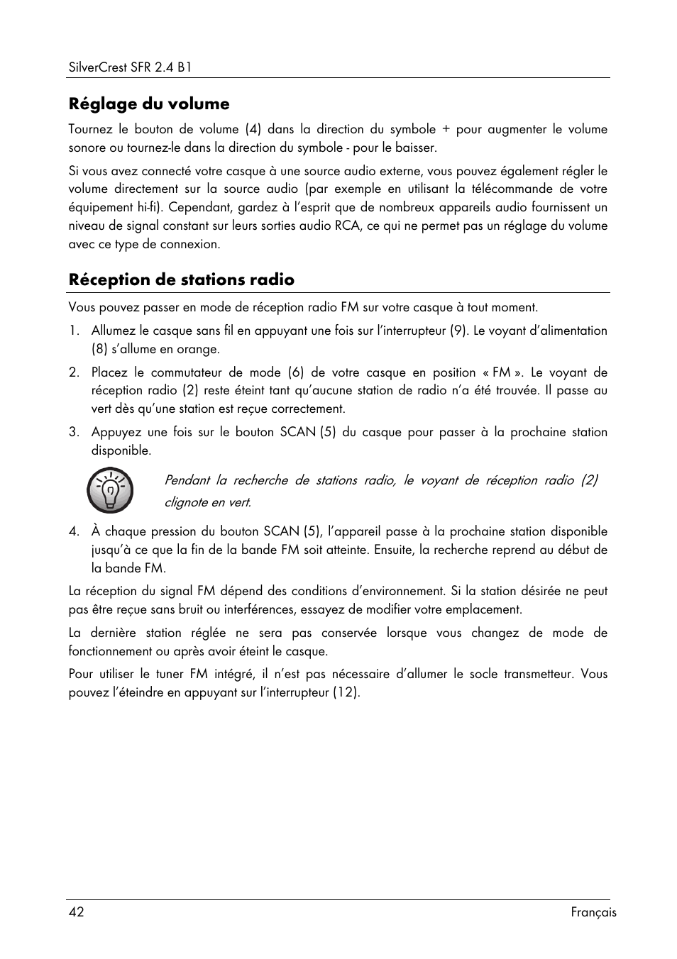 Réglage du volume, Réception de stations radio | Silvercrest SFR 2.4 B1 User Manual | Page 44 / 100