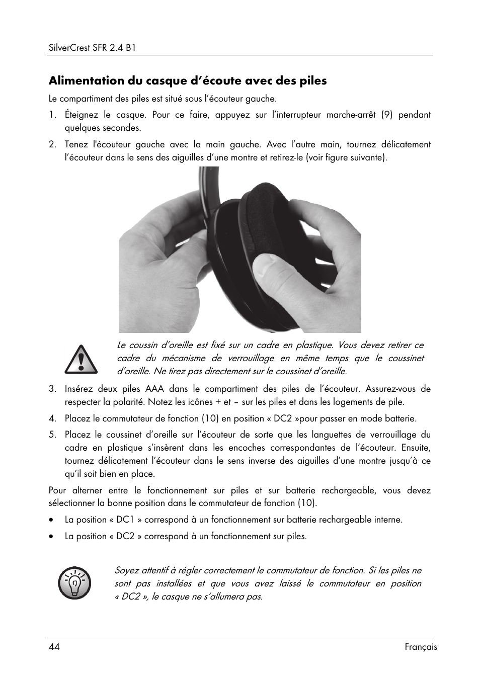 Alimentation du casque d’écoute avec des piles | Silvercrest SFR 2.4 B1 User Manual | Page 46 / 100