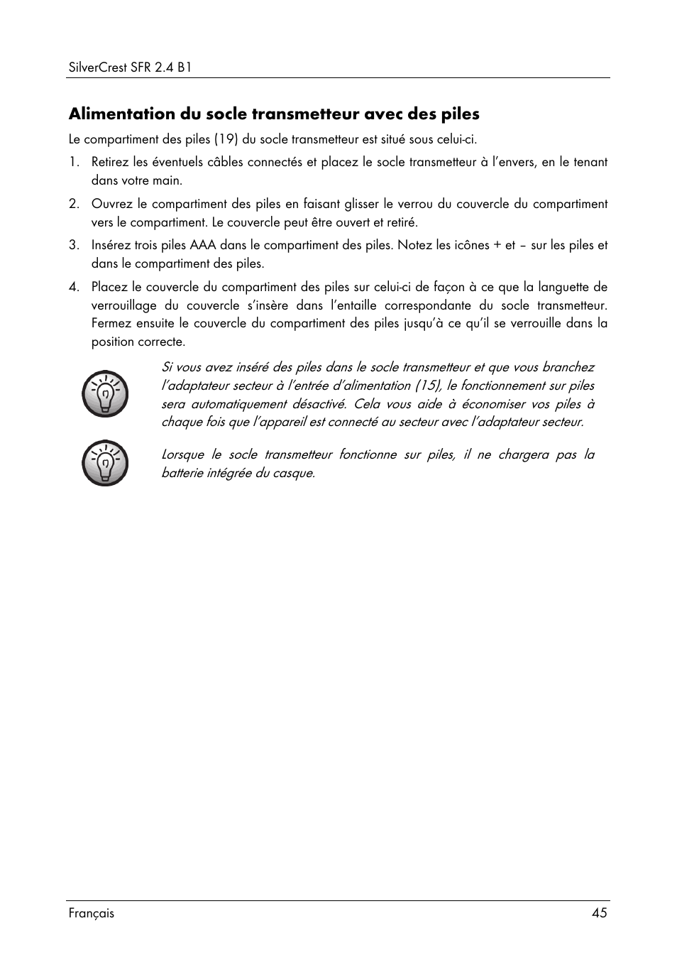 Alimentation du socle transmetteur avec des piles | Silvercrest SFR 2.4 B1 User Manual | Page 47 / 100