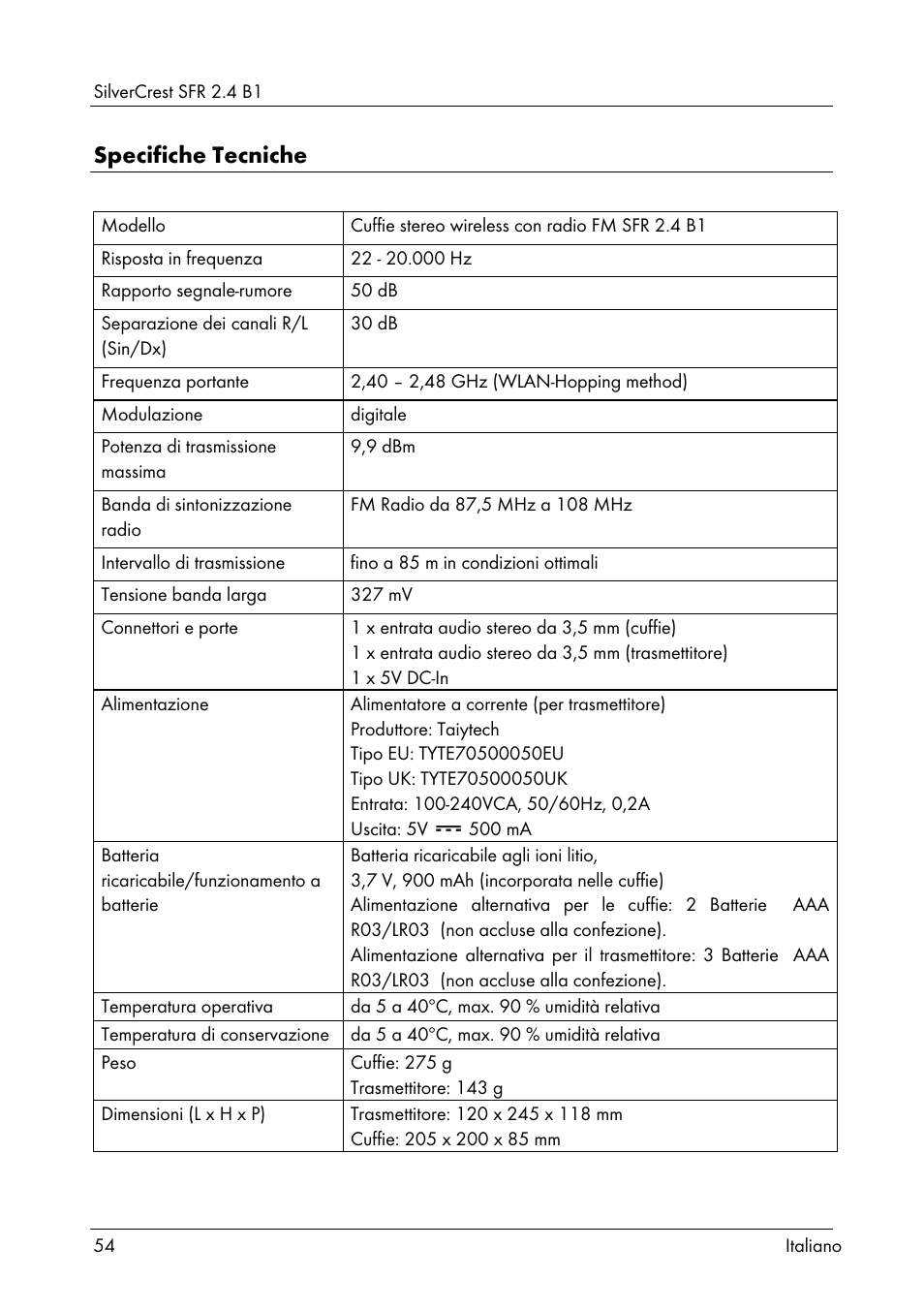 Specifiche tecniche | Silvercrest SFR 2.4 B1 User Manual | Page 56 / 100