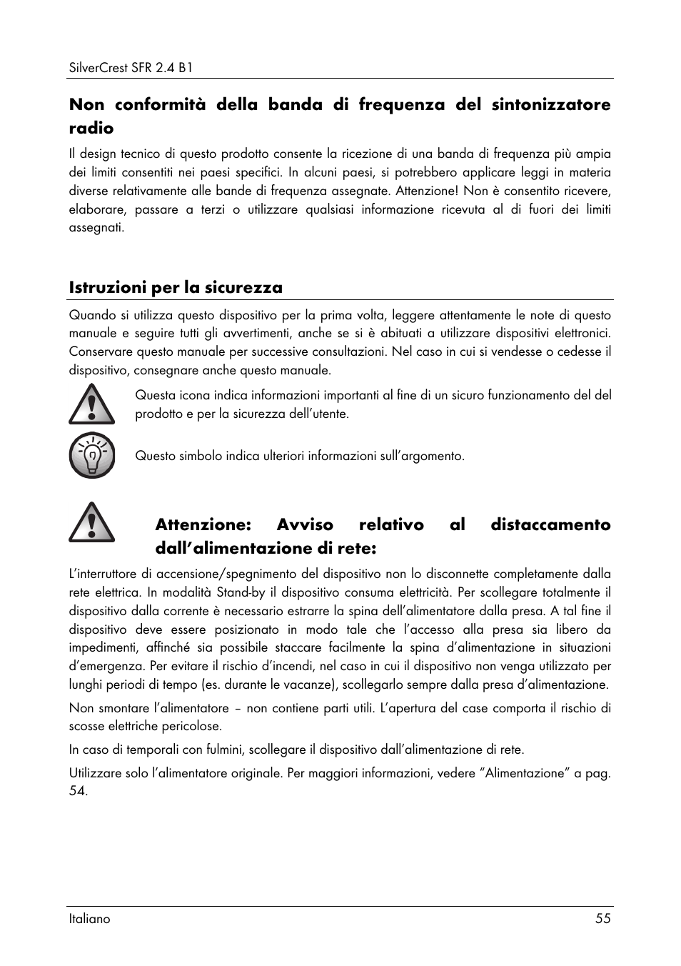 Istruzioni per la sicurezza | Silvercrest SFR 2.4 B1 User Manual | Page 57 / 100