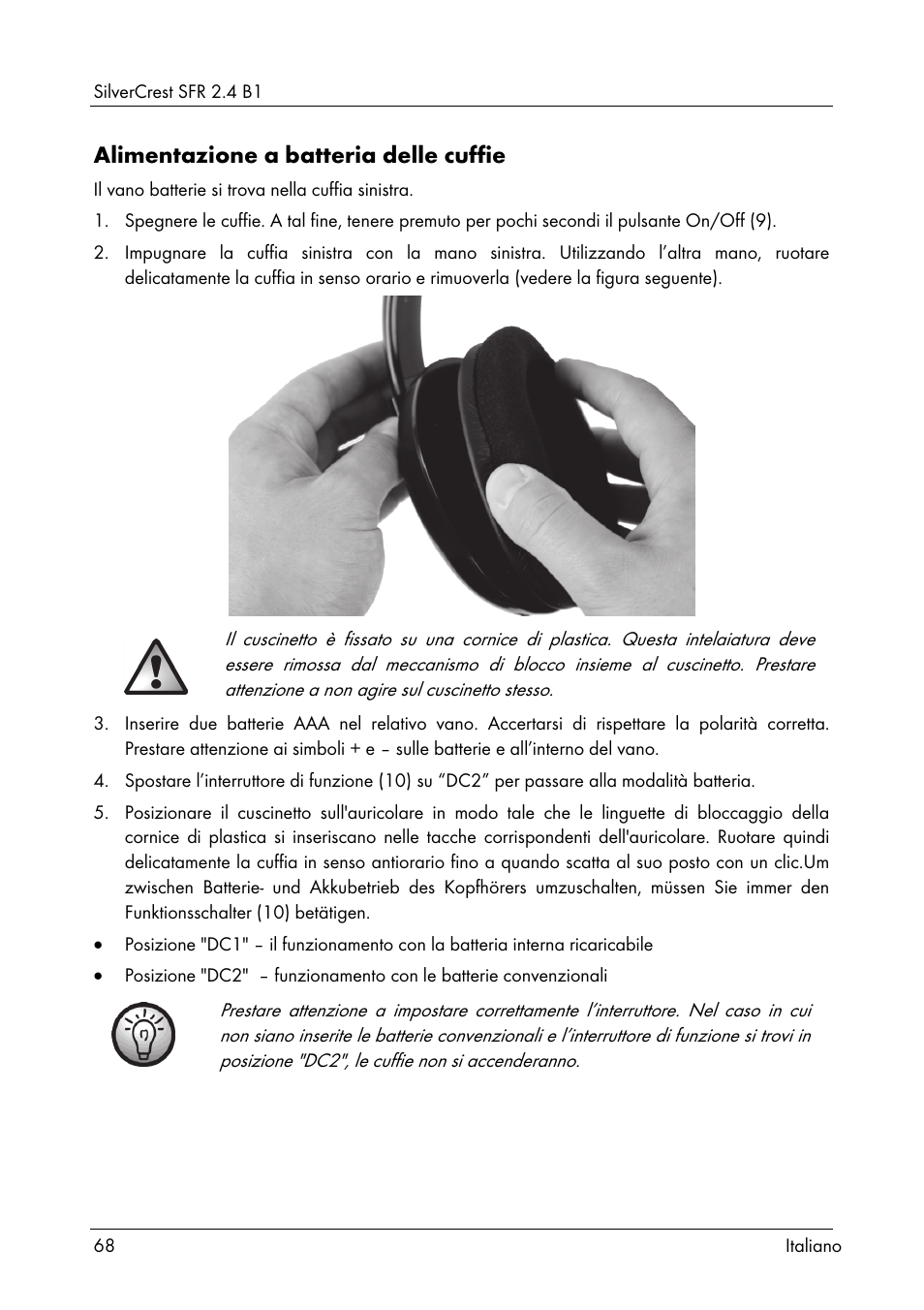 Alimentazione a batteria delle cuffie | Silvercrest SFR 2.4 B1 User Manual | Page 70 / 100