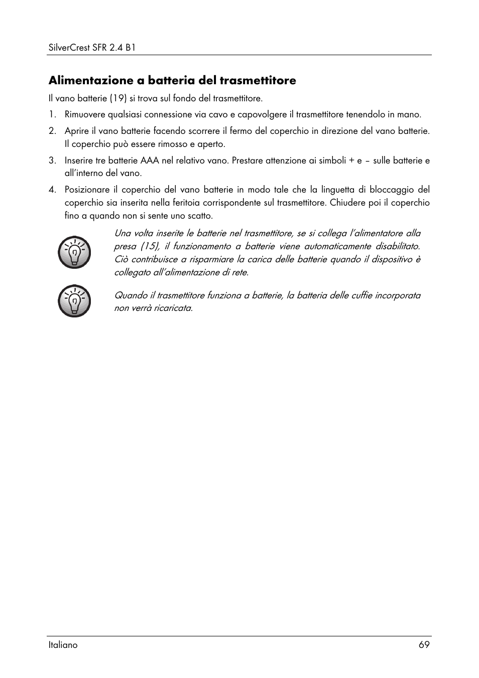 Alimentazione a batteria del trasmettitore | Silvercrest SFR 2.4 B1 User Manual | Page 71 / 100