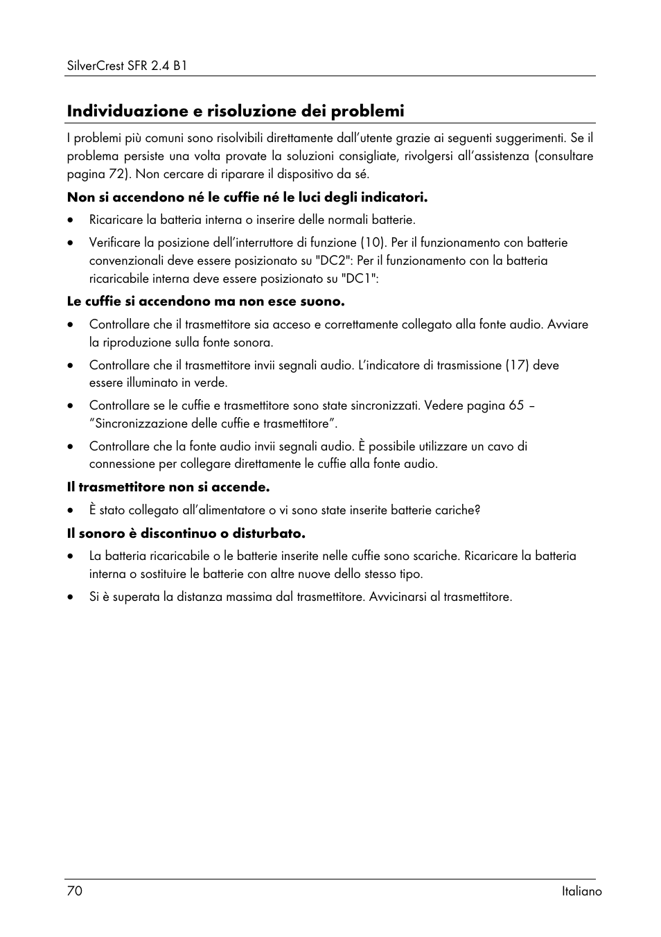 Individuazione e risoluzione dei problemi | Silvercrest SFR 2.4 B1 User Manual | Page 72 / 100