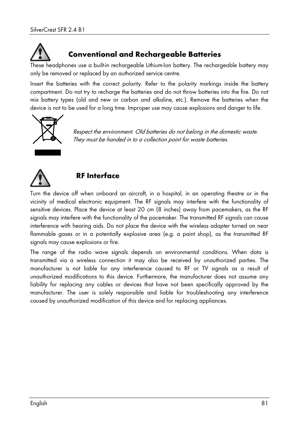 Conventional and rechargeable batteries, Rf interface | Silvercrest SFR 2.4 B1 User Manual | Page 83 / 100