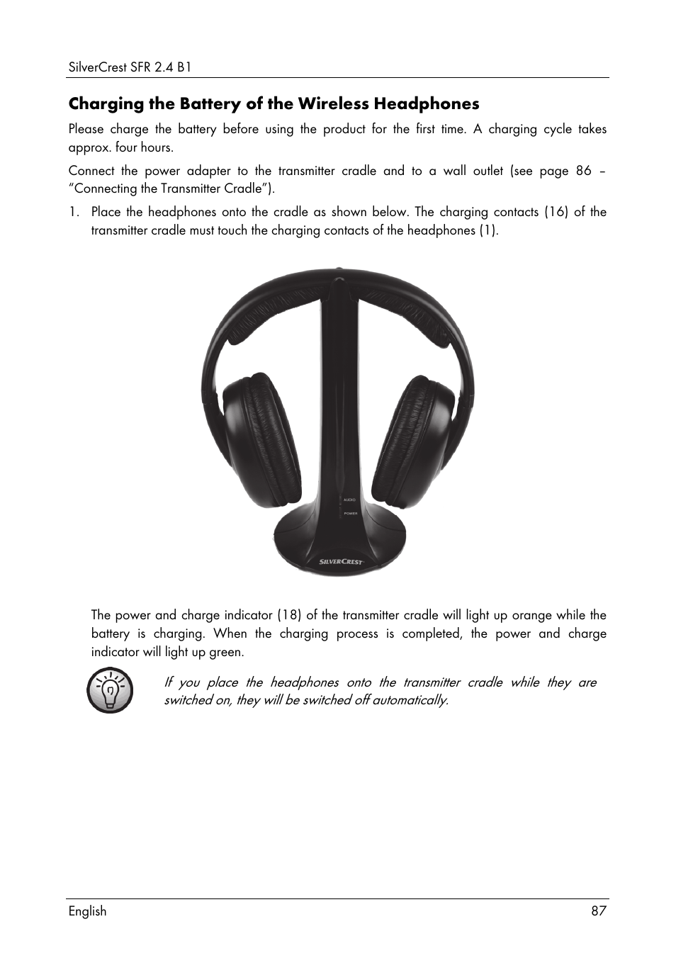 Charging the battery of the wireless headphones | Silvercrest SFR 2.4 B1 User Manual | Page 89 / 100