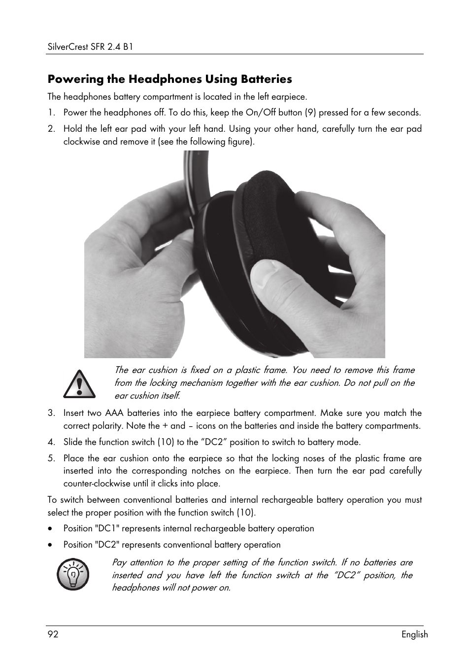 Powering the headphones using batteries | Silvercrest SFR 2.4 B1 User Manual | Page 94 / 100