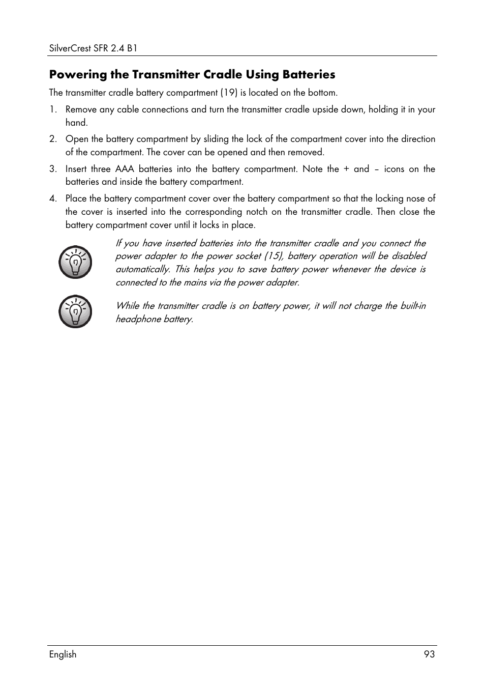 Powering the transmitter cradle using batteries | Silvercrest SFR 2.4 B1 User Manual | Page 95 / 100