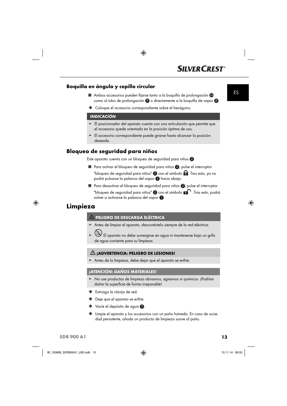 Limpieza, Bloqueo de seguridad para niños, Es boquilla en ángulo y cepillo circular | Silvercrest SDR 900 A1 User Manual | Page 16 / 84