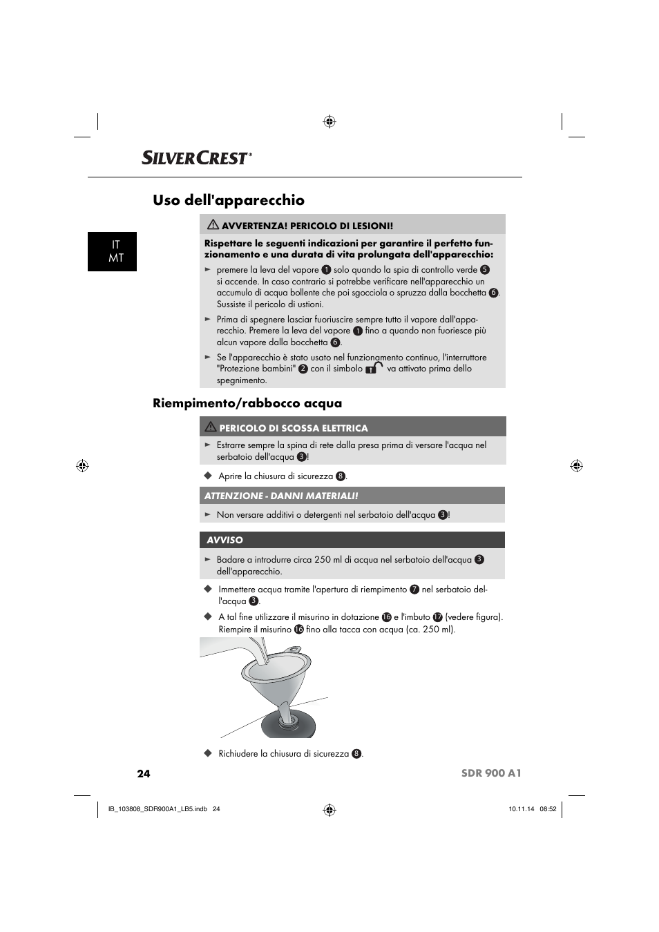 Uso dell'apparecchio, Riempimento/rabbocco acqua, It mt | Silvercrest SDR 900 A1 User Manual | Page 27 / 84