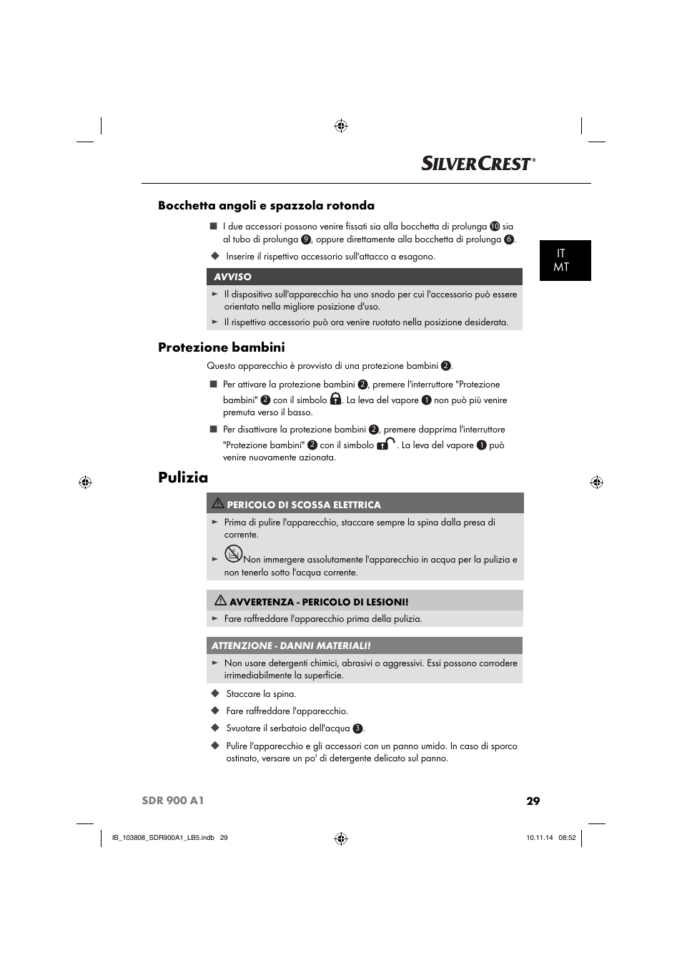 Pulizia, Protezione bambini, It mt bocchetta angoli e spazzola rotonda | Silvercrest SDR 900 A1 User Manual | Page 32 / 84